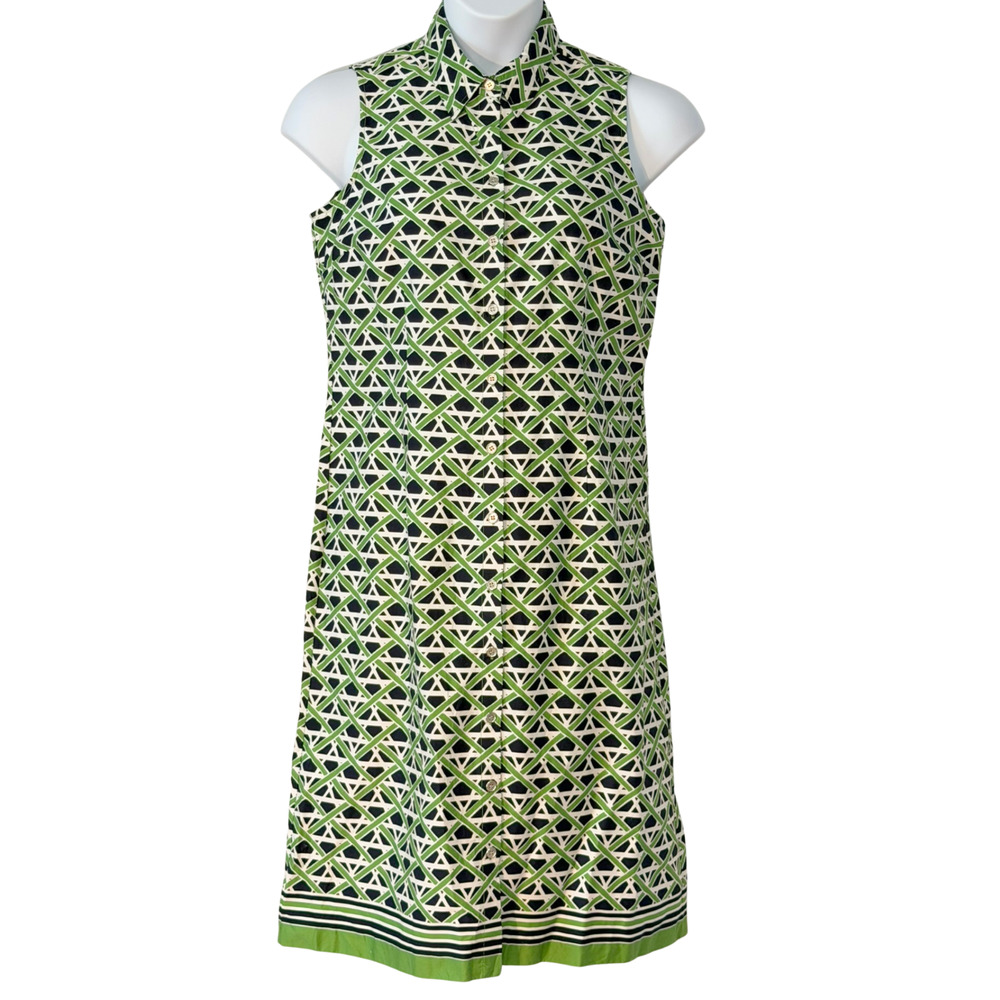 Charter Club Sz 10 Midi Shirt Dress Sleeveless Geometric Print Green/Blk Cotton